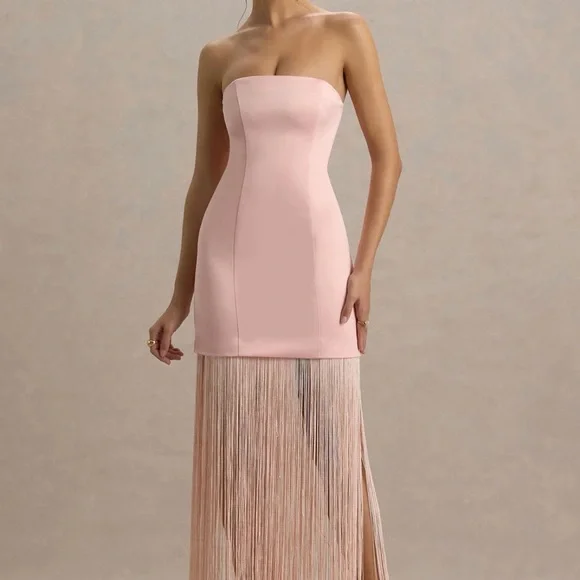 Club L London Blush Pink Satin Bandeau Maxi Dress With Fringe - Picture 5 of 10